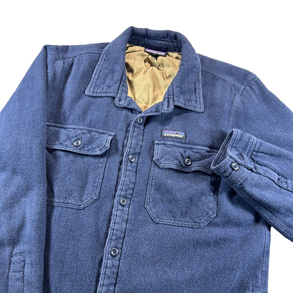 Patagonia Insulated Fjord Flannel Jacket Mens Medium Navy Blue Fleece Shacket